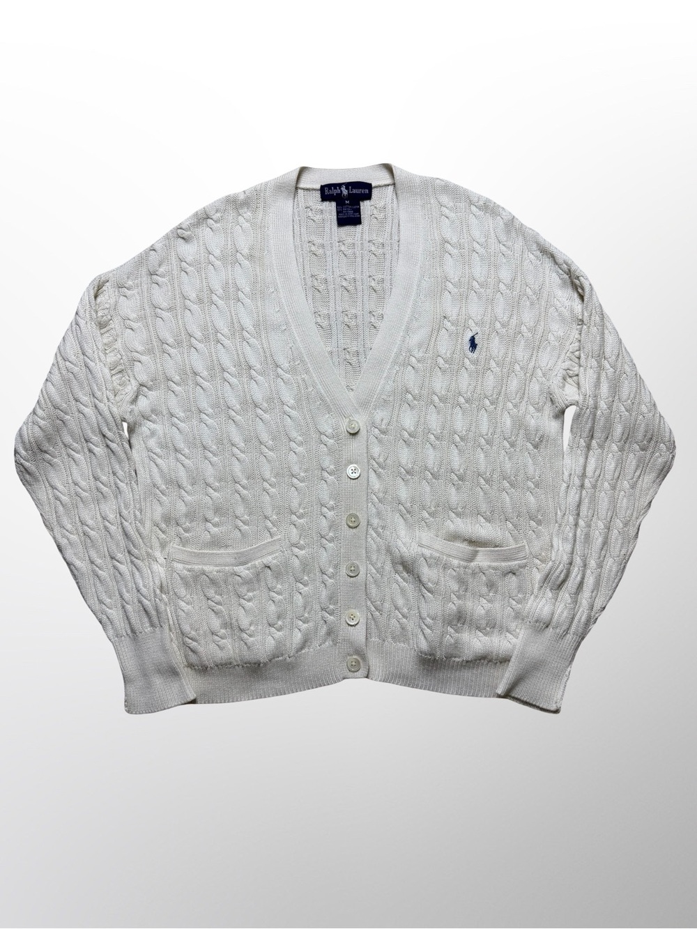 Vintage Polo Ralph Lauren Cotton Cable Knit Cardigan Sweater Mens Medium White